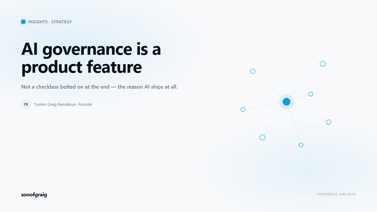sonofgraig Insights cover arguing AI governance is a product feature, not a checkbox, over a blue node-lattice motif.