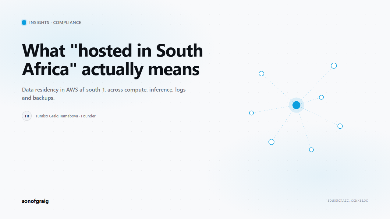sonofgraig Insights cover explaining AWS af-south-1 data residency for South African AI, over a blue node-lattice motif.