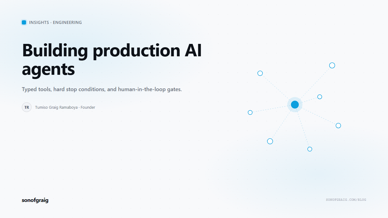 sonofgraig Insights cover on building production AI agents with tools and human-in-the-loop gates, over a blue node-lattice motif.