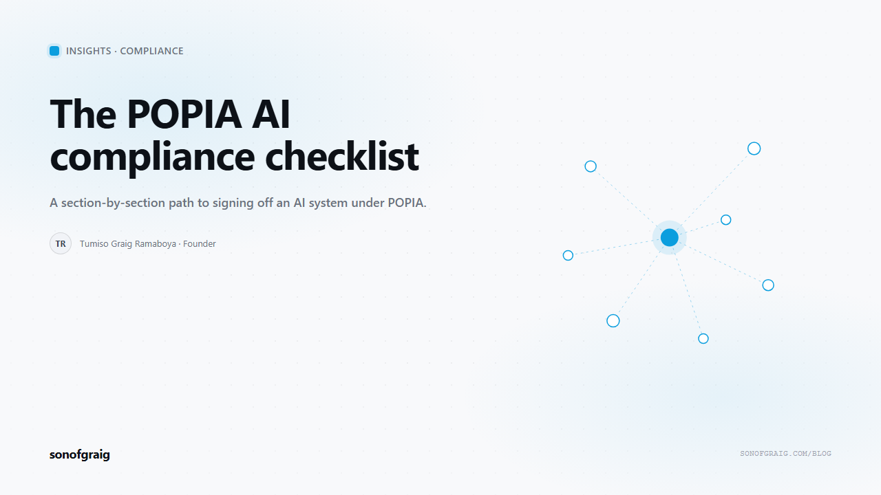 sonofgraig Insights cover with a POPIA AI compliance checklist for compliance officers, over a blue node-lattice motif.