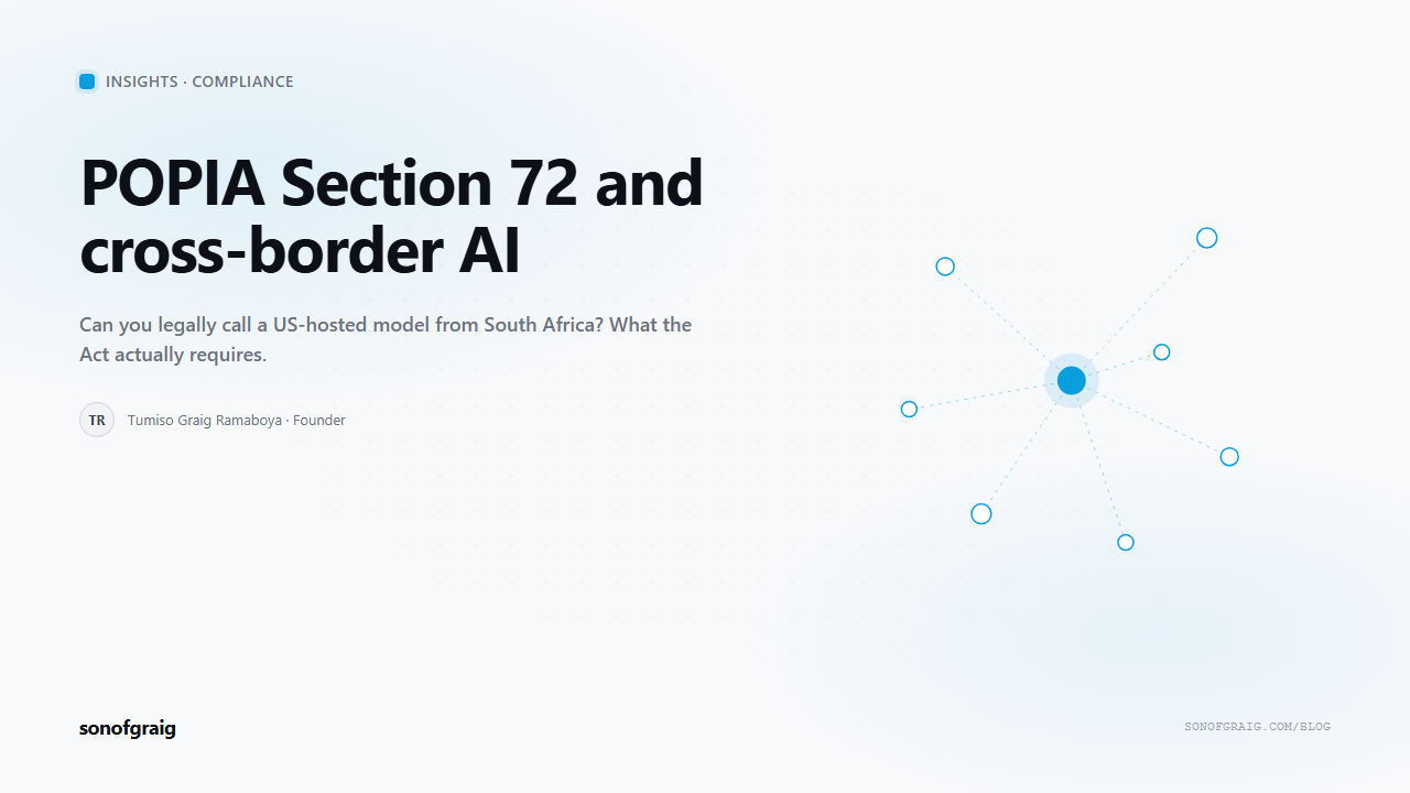 sonofgraig Insights cover on POPIA Section 72 and cross-border AI transfers, over a blue node-lattice motif.
