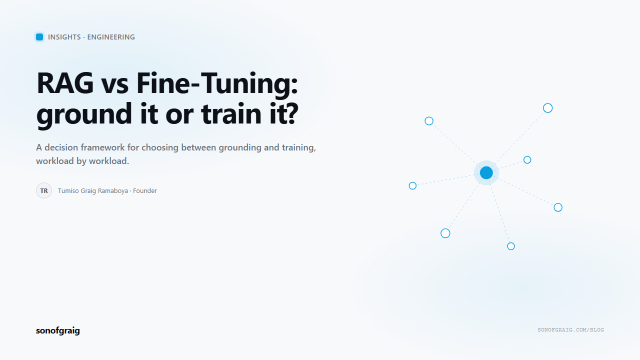 sonofgraig Insights cover for a guide on choosing between RAG and fine-tuning, over a blue node-lattice motif.