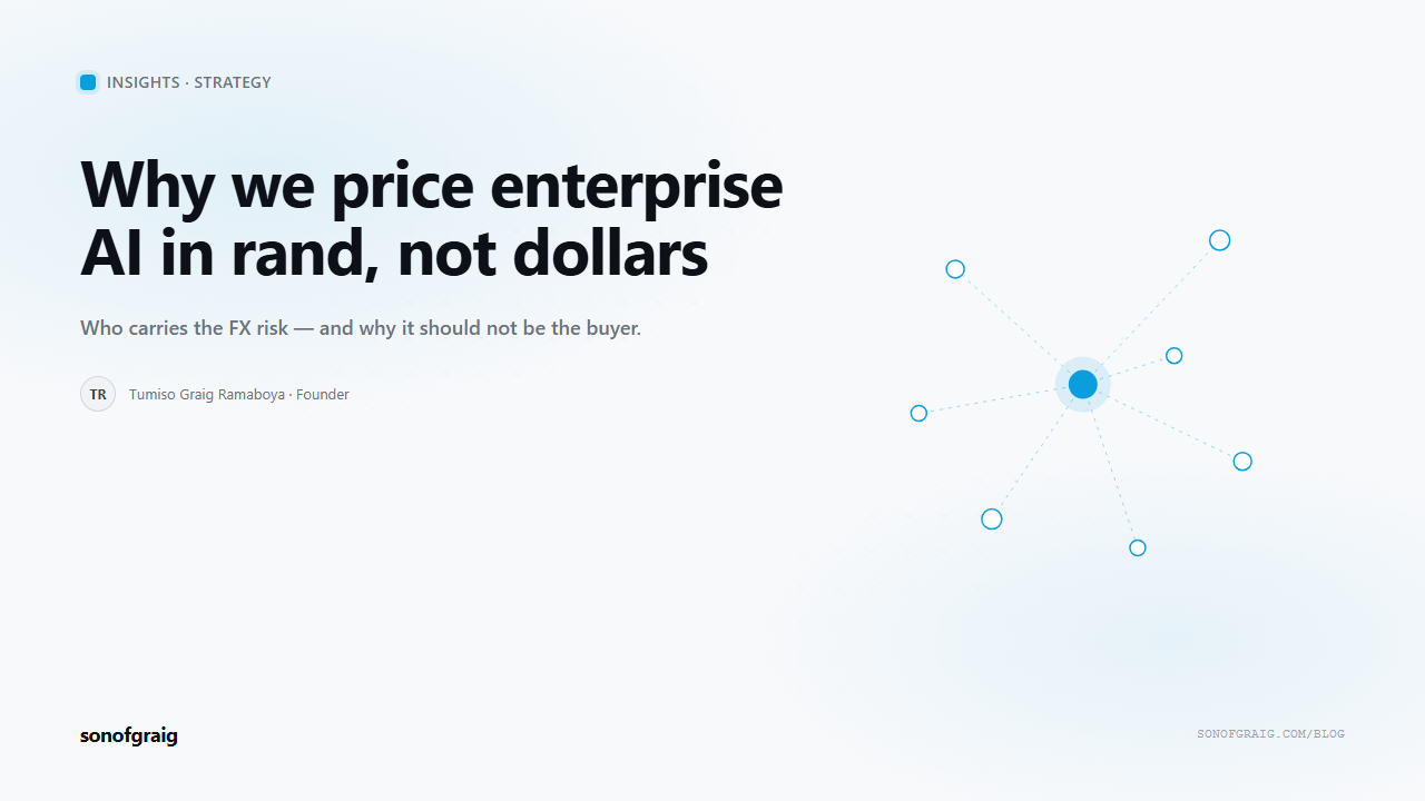 sonofgraig Insights cover on pricing enterprise AI in rand rather than dollars, over a blue node-lattice motif.