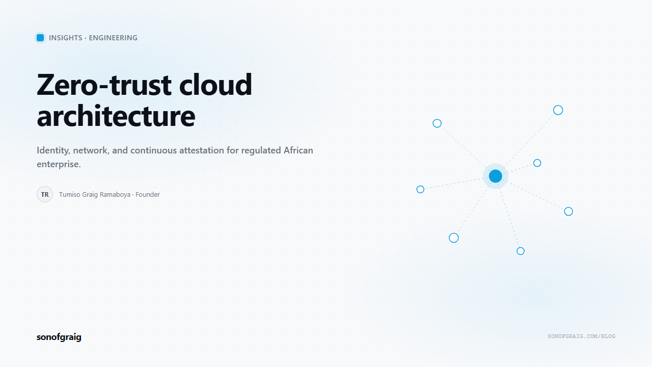 sonofgraig Insights cover on zero-trust cloud architecture for regulated African enterprise, over a blue node-lattice motif.